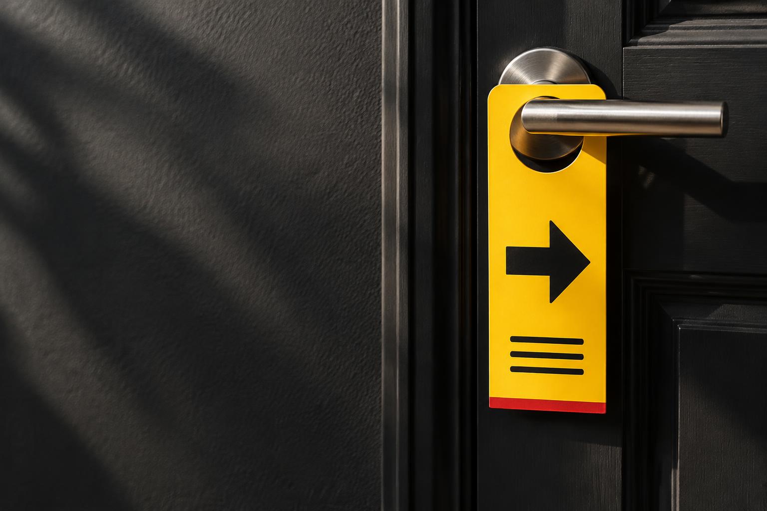 A yellow door hanger on a charcoal front door